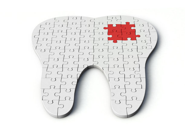 牙齿形状的拼图。牙齿形状的拼图3d插图孤立在白色的背景。图片下载