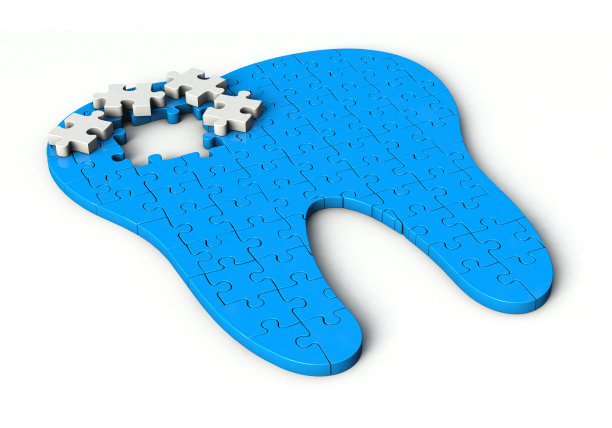 牙齿形状的拼图。牙齿形状的拼图3d插图孤立在白色的背景。图片下载