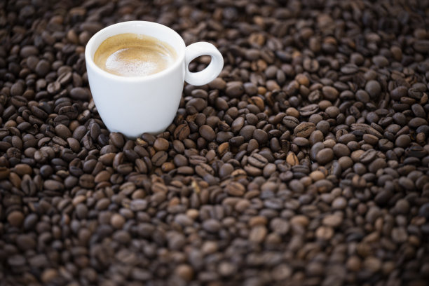 一个白色的浓缩咖啡杯和一些奶油咖啡放在一些烤咖啡豆上。图片下载