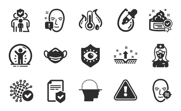 脸部注意，问题皮肤和护士图标设置。清洁皮肤、滴眼液和冠状病毒症状。向量图片下载