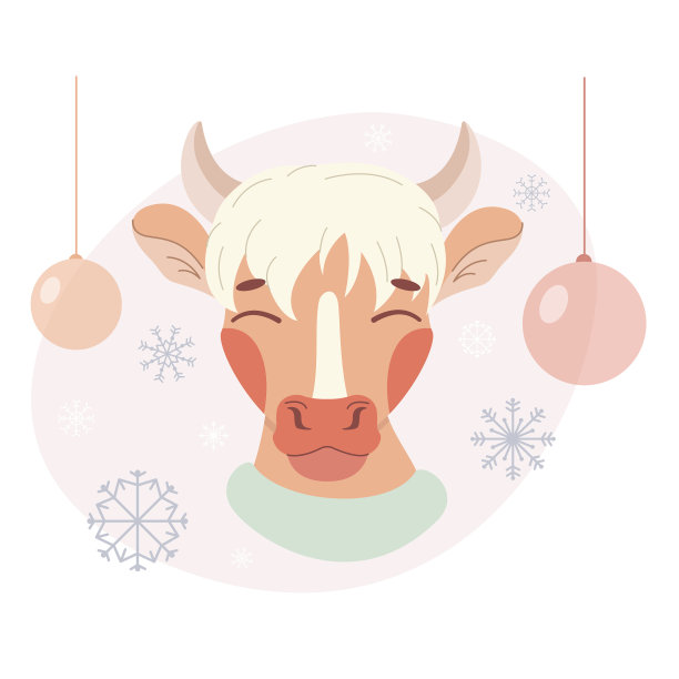 快乐的公牛，圣诞球和雪花。图片下载