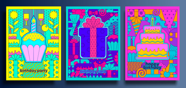 生日贺卡和海报。一套矢量明信片，几何插图。带蜡烛的纸杯蛋糕，礼物，生日蛋糕。图片下载