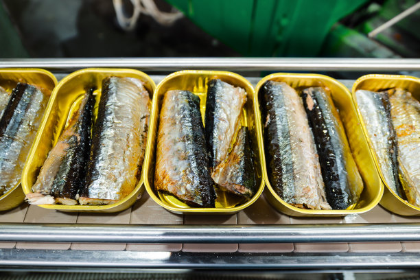 传送带上放着鱼的锡罐。图片下载