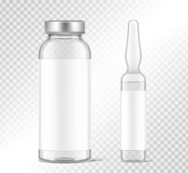 注射疫苗的透明玻璃安瓿和瓶。图片下载