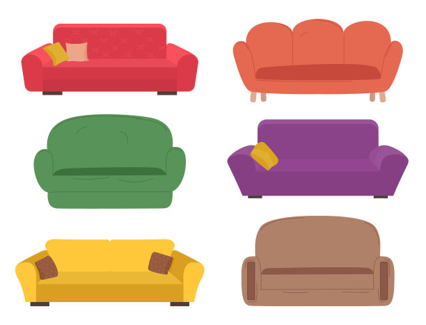 沙发上五彩缤纷的集合。客厅家具的设计理念是现代家居室内元素的扁平风格图片下载