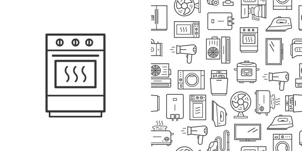 烤箱标志和矢量无缝图案与家用电器线条风格图标图片下载