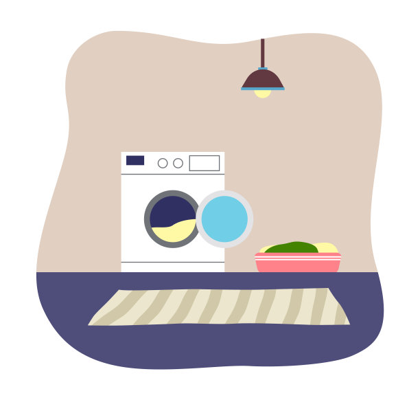 有洗衣房，有洗衣机，盆和布草。现代全自动洗衣机平面矢量图片下载