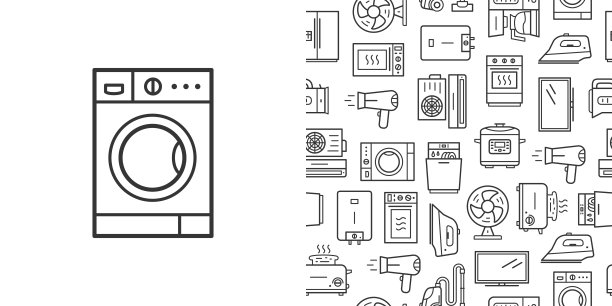 洗衣机标志和矢量无缝模式与家用电器线条风格图标图片下载
