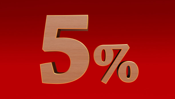 在红色背景上孤立的百分之五。， 5折，3D渲染图片下载