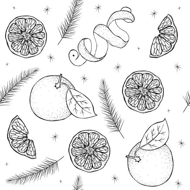 柑橘和云杉圣诞无缝图案。果皮呈圆形，整片半圆形剥皮。柑橘柠檬橙背景。线条艺术涂鸦黑色素描。股票矢量插图。图片下载