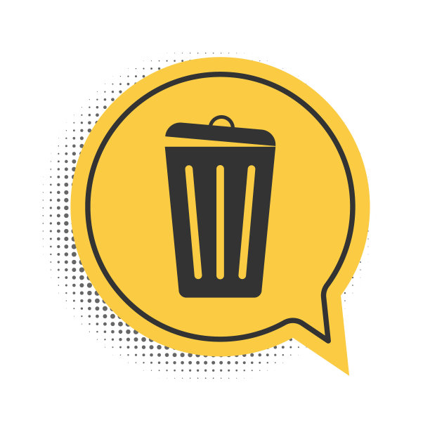 黑色垃圾桶图标孤立在白色背景上。垃圾桶的迹象。回收篮图标。办公室垃圾图标。黄色语音气泡符号。向量图片下载
