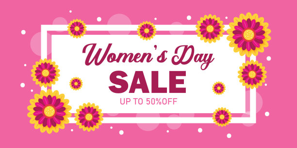妇女节促销海报设计，五折优惠，并以粉红色为背景装饰鲜花图片下载