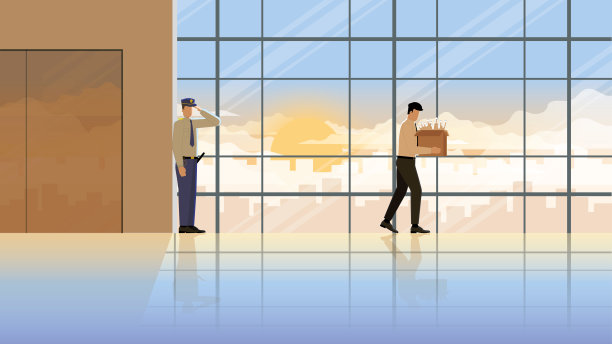 下岗失业和被解雇的商人悲伤地离开办公室，他的东西盒子。再见，向保安致敬。经济危机失败问题悲伤心烦在清晨日出。图片下载