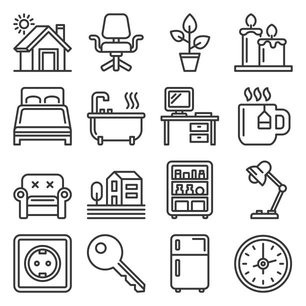 家庭家具图标设置在白色背景。向量图片下载