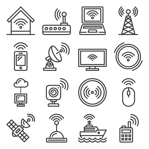 白色背景上的无线和通信图标集（矢量图）图片下载