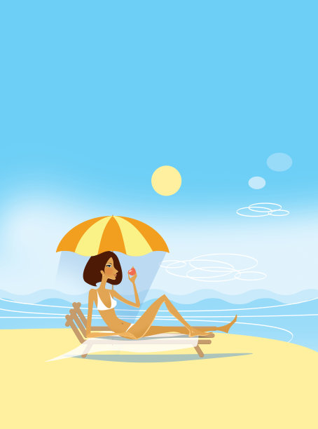 穿着泳衣，手里拿着苹果的女孩。在一个晴朗的阳光明媚的日子，躺在沙滩上的一把伞下的躺椅上。假期,休息。插图。图片下载