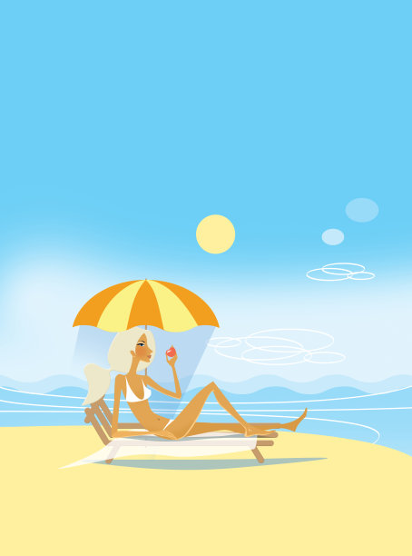 穿着泳衣，手里拿着苹果的女孩。在一个晴朗的阳光明媚的日子，躺在沙滩上的一把伞下的躺椅上。假期,休息。插图。图片下载