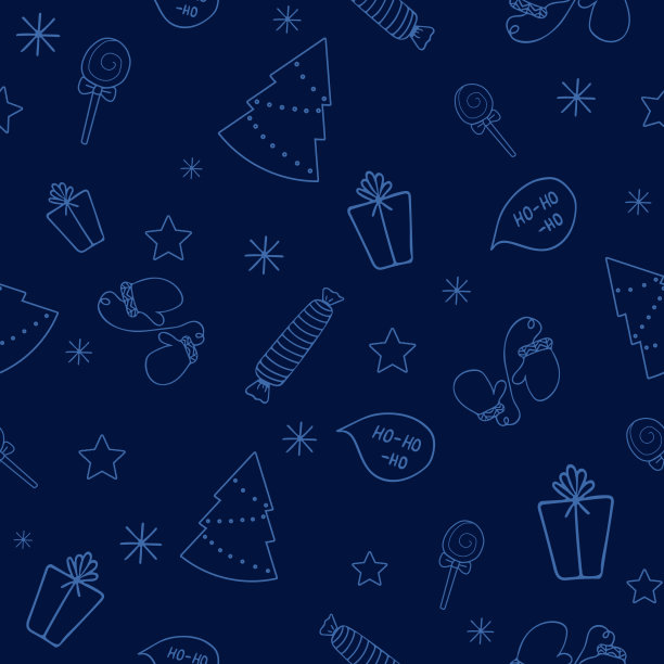 圣诞无缝蓝色图案配礼物、圣诞树、糖果、手套、星星、雪花等节日标志，新年庆祝元素。为印刷、包装图片下载