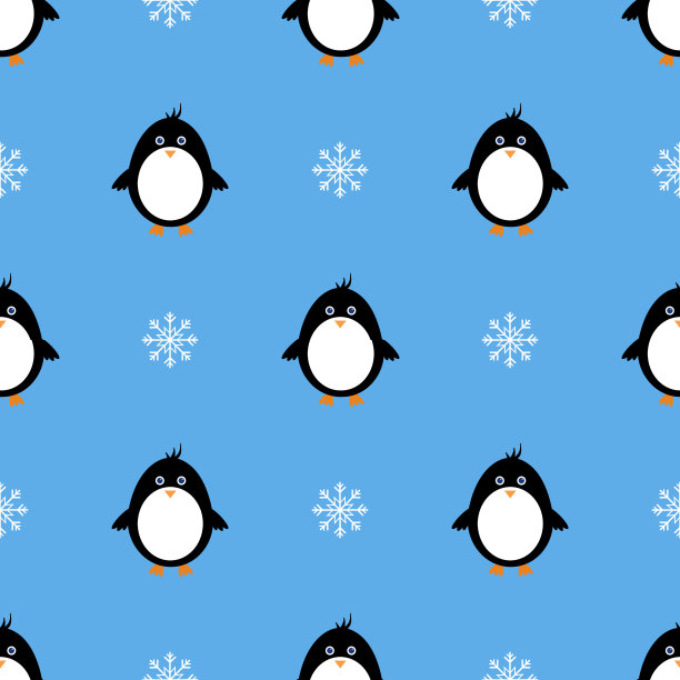 无缝模式与企鹅和雪花在蓝色的背景。圣诞节的背景。雪景设计用于印刷、包装。新年壁纸图片下载