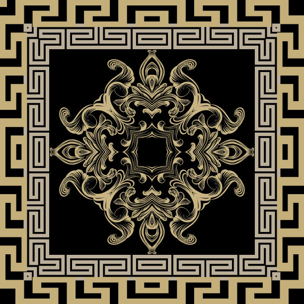 希腊方框无缝图案。装饰性的几何背景。重复格子呢背景。复古巴洛克风格的花卉装饰。希腊键，蜿蜒边界。金色的花，叶子，形状图片下载