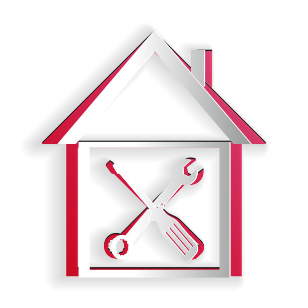 剪纸房子或家庭与螺丝刀和扳手图标隔离在白色背景。调整、维修、设置、维护、修理、固定。纸艺术风格。向量图片下载