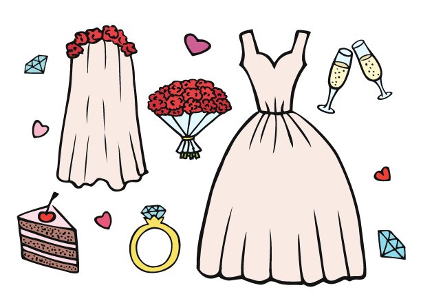 一套婚礼物品，属性的新娘，面纱和礼服，钻石订婚戒指。带有黑色轮廓的彩色孤立物体。图片下载