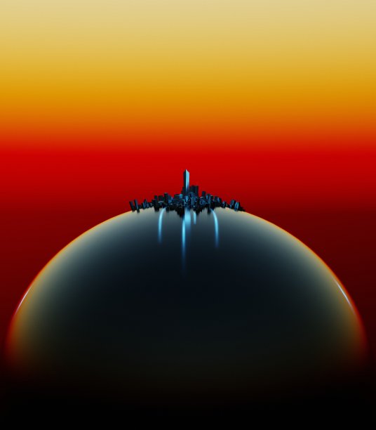 日落时分黑暗球体世界上的未来城市。赛博朋克，合成波美学数字渲染。图片下载