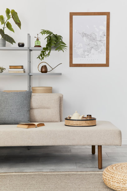 斯堪的纳维亚室内时尚的沙发，设计家具，书柜，植物，装饰，海报地图和优雅的个人配件。经典住宅中的中性客厅。模板。图片下载