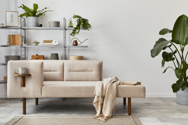 舒适的室内时尚的沙发，设计咖啡桌，书柜，植物，地毯，装饰，模拟海报地图和优雅的个人配件。经典住宅中的中性客厅。模板。图片下载