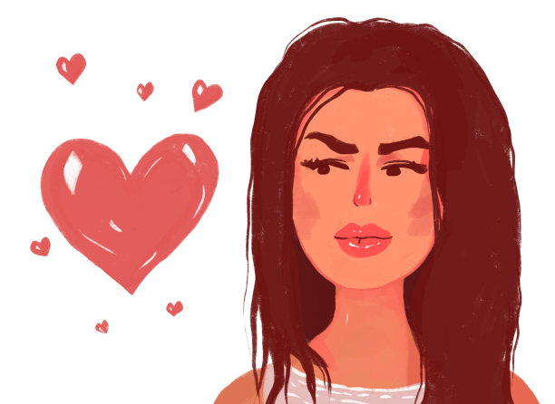 一个女孩怀疑爱情的插图。女孩用怀疑和不信任的目光看着她的心。图片下载