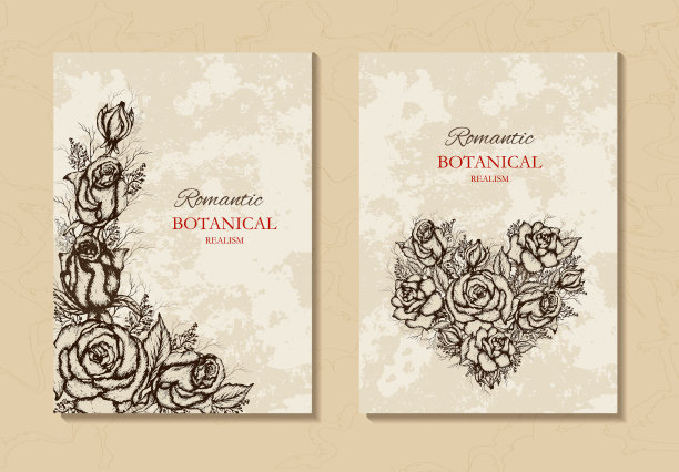 现代夏天的一套玫瑰花束，草叶。花孤立组成，手绘。背景，壁纸，垂直横幅与文字空间。贺卡、请柬、节日贺卡的设计。复古风格。图片下载