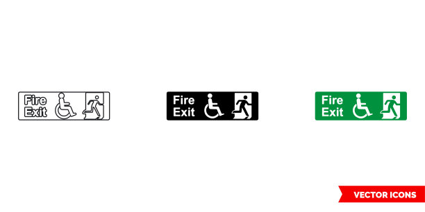 紧急逃生标志消防出口图标三种颜色，黑色和白色，轮廓。孤立向量符号符号图片下载