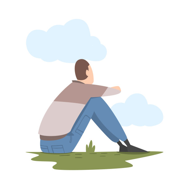 男性坐在草地上，展望光明的未来矢量插图图片下载