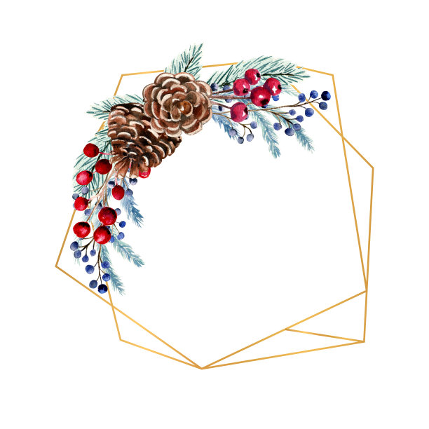 冬季水彩多边形框架与浆果，冷杉球果，冷杉树枝。手绘圣诞插图。用于请柬、贺卡、印刷品、海报、广告图片下载