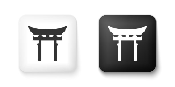 黑白日本门图标孤立在白色背景上。鸟居门标志。日本传统经典的大门符号。方形按钮。向量图片下载