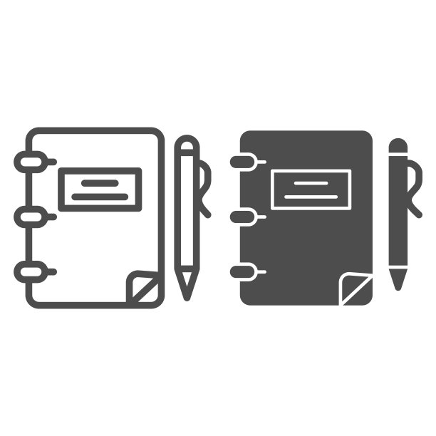 笔记本和钢笔线和固体图标，教育概念，笔记本和钢笔标志在白色的背景，笔记本和钢笔图标轮廓风格的移动概念和网页设计。矢量图形。图片下载