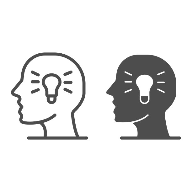 人的头与灯泡线和固体图标，教育概念，创意过程标志在白色背景，轮廓风格的创意图标为移动概念和网页设计。矢量图形。图片下载