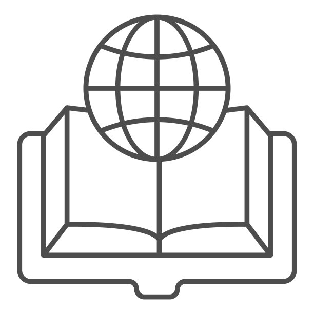 书籍和地球仪的细线图标，教育理念，地球仪地球行星和书籍标志上的白色背景，地球仪上打开书的轮廓风格图标。矢量图形。图片下载