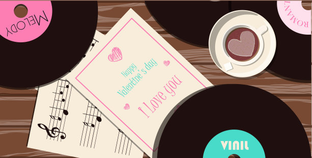 顶视图的桌子与情人节礼物。浪漫的照片在粉红色，绿松石和红色。一家有唱片和歌曲的音乐商店，为所有的情人节日准备。矢量插图的应用程序，网站和广告横幅。平面插图图片下载