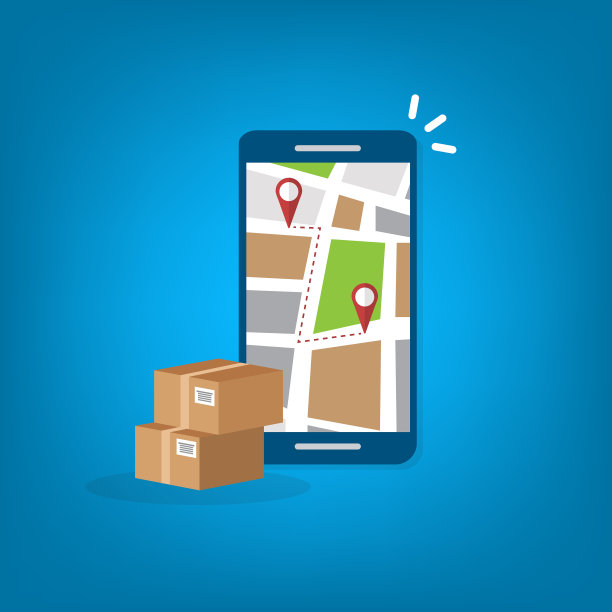 通过手机或移动电话跟踪包裹递送。智能手机与城市地图在屏幕上和大头针指针目的地位置与包装盒，运输物流。图片下载