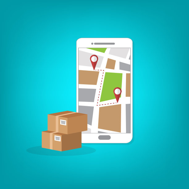 通过手机或移动电话跟踪包裹递送。智能手机与城市地图在屏幕上和大头针指针目的地位置与包装盒，运输物流。图片下载