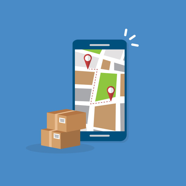 通过手机或移动电话跟踪包裹递送。智能手机与城市地图在屏幕上和大头针指针目的地位置与包装盒，运输物流。图片下载