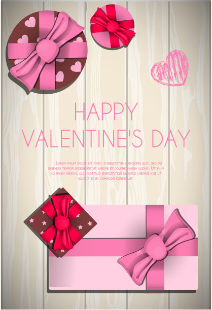 一个木制桌子的俯视图与一套礼物和盒子情人节。浪漫的照片在粉红色，绿松石和红色。贺卡，爱情宣言。矢量插图邀请所有的情人假日。图片下载