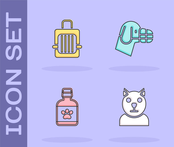 设置猫，宠物手提箱，狗药瓶和口吻图标。向量图片下载