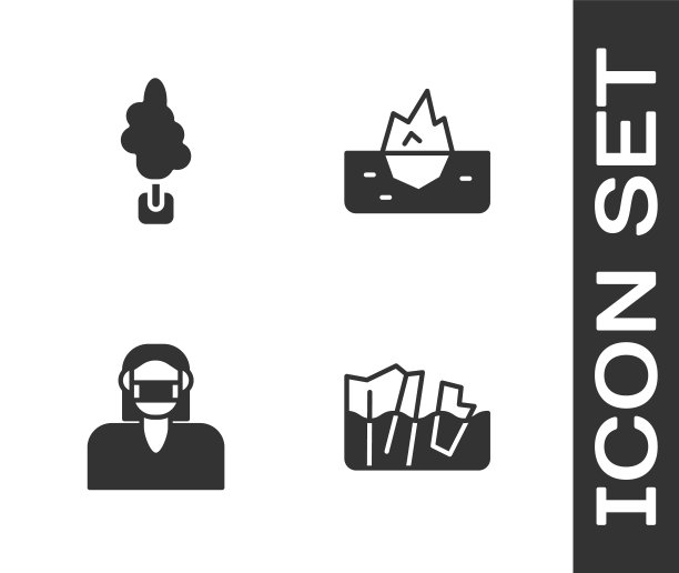 设置冰川融化，树，面罩和冰山图标。向量图片下载