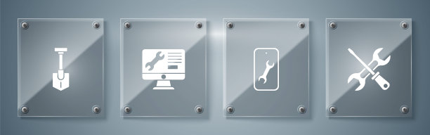 成套螺丝刀和扳手，移动服务，电脑显示器和铁锹。方形玻璃面板。向量图片下载