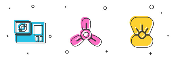 设置行动摄像机，船螺旋桨，涡轮机和贝壳与珍珠图标。向量图片下载