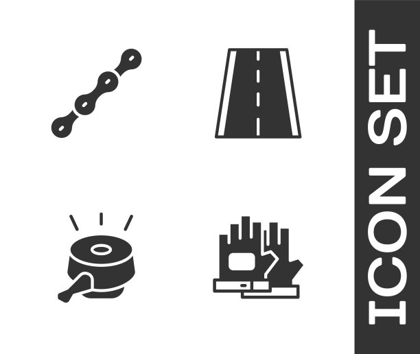 设置手套，自行车链，钟和车道图标。向量图片下载