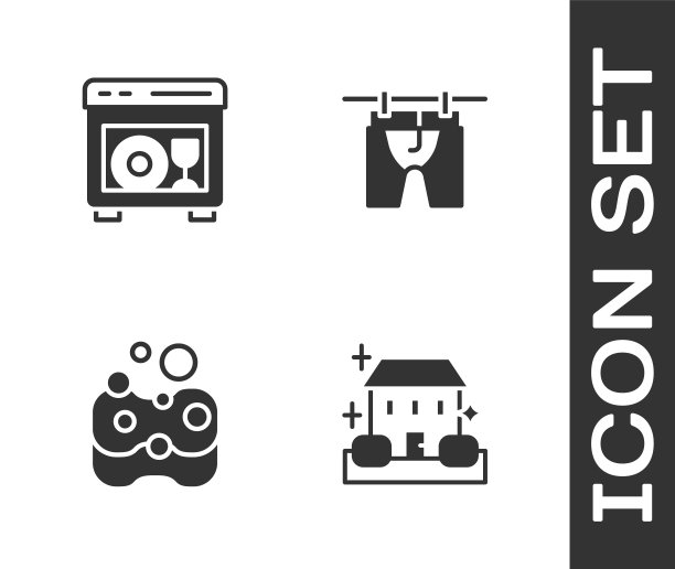 设置家庭清洁服务，洗碗机，海绵和烘干衣服图标。向量图片下载