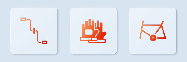 设置手套，自行车踏板和车架。白色正方形按钮。向量图片下载